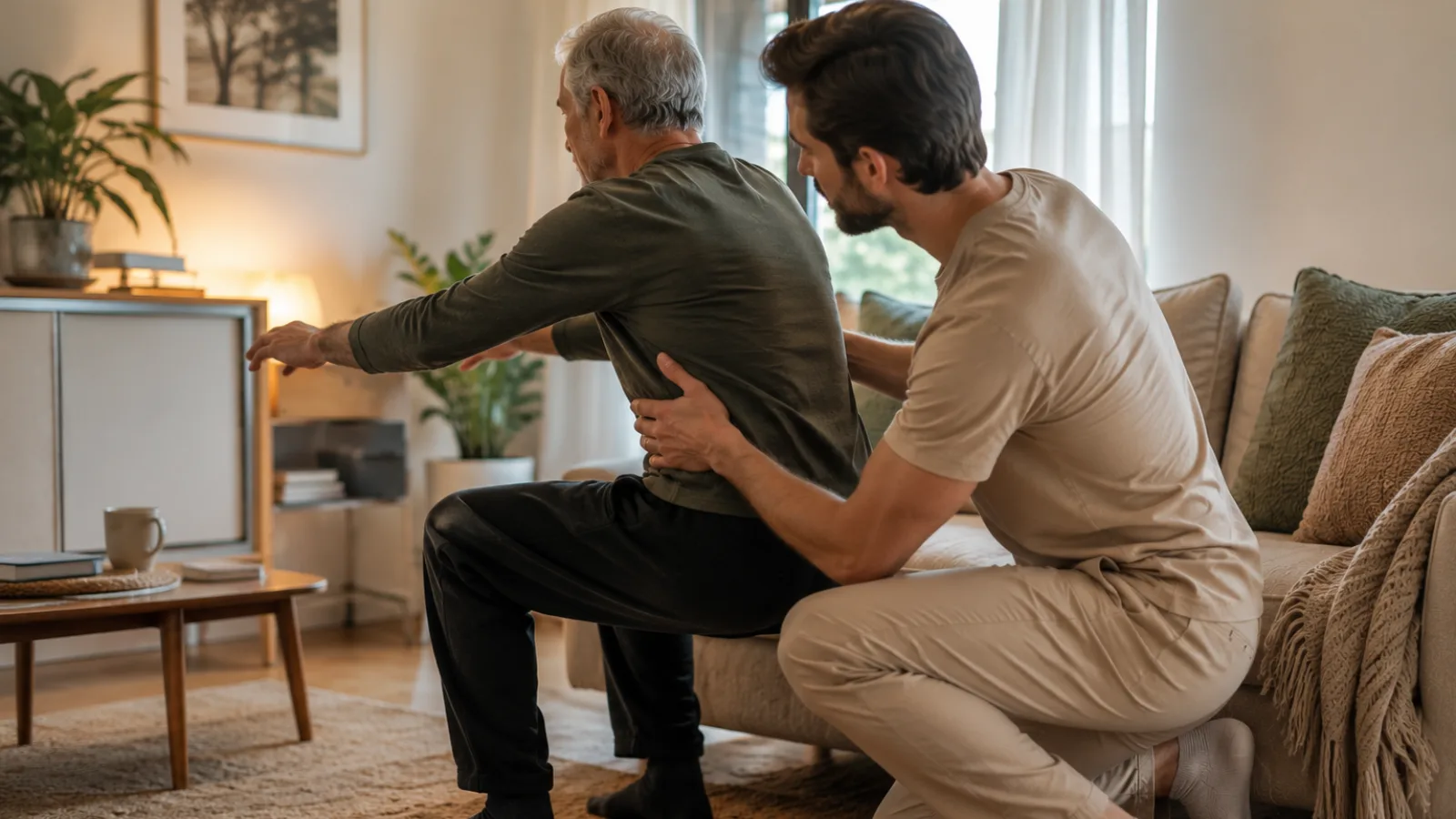 Kinetoterapeut care asistă un pacient vârstnic în timpul unui exercițiu de ridicare de pe canapea, într-o ședință de recuperare post-AVC la domiciliu.